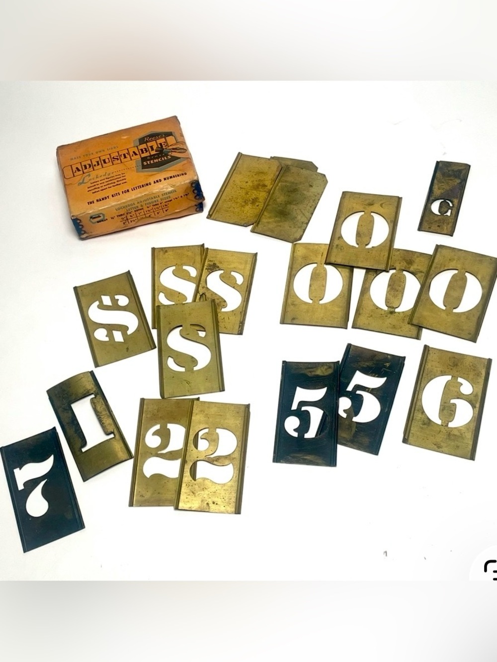 VINTAGE REESE'S BRASS INTERLOCKING ADJUSTABLE STENCILS IN BOX COMPLETE 3"